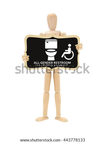 All Gender Bathroom Sign Braille Wood Mannequin isolated on white background