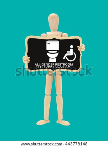 All Gender and Handicap Bathroom Sign Braille Wood Mannequin isolated on Turquoise Blue background