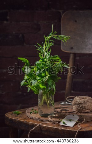 edible bouquet of herbs - Basil, mint, and Basil. the set of herbs to lemonade. wooden chair in a rustic style as the background. 