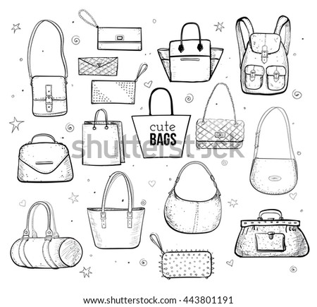 Collection of doodle sketch bags isolated on white background