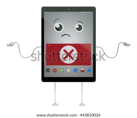 Worried Cartoon Tablet character with Application Error sign. 3D illustration. Contains clipping path.