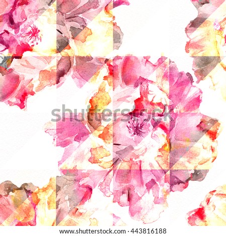 Watercolor seamless pattern .Watercolor seamless bright background from picturesque tropical flowers.Tropical patchwork.Floral clip art with colors and layers effect!Flower background with roses .