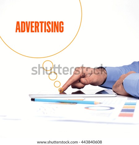 BUSINESSMAN WORKING OFFICE  ADVERTISING COMMUNICATION TECHNOLOGY CONCEPT