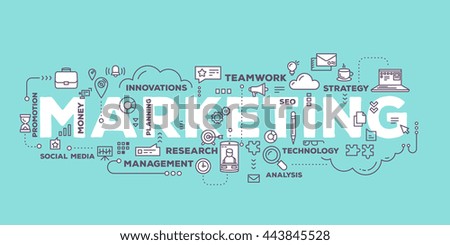Vector creative illustration of marketing word lettering typography with line icons, tag cloud on green background. Marketing technology concept. Thin line art style design for promotion, social media Royalty-Free Stock Photo #443845528