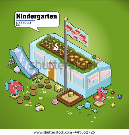 Kindergarten building with playground and rooftop beeds. AR description in speech bubble  (isometric view)