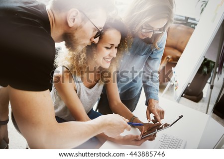 Coworkers Team Modern Office Place.Account Managers Work New Business Idea Startup Presentation.Woman Touching Hand Digital Tablet Screen.Desktop Computer Wood Table.Blurred,Film Effect.Horizontal