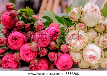Closeup of pink peony and rose flowers