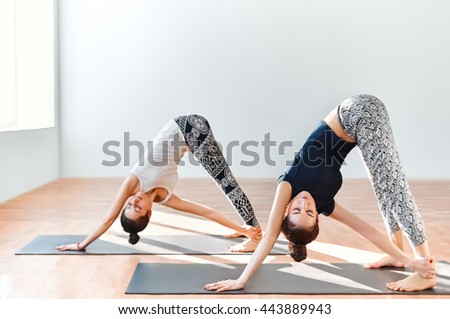 Two young women doing yoga asana revolved downward facing dog. Adho Mukha Svanasana
