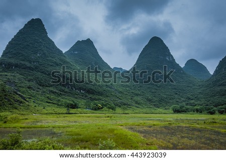 The beautiful karst mountains and rural scenery after raining, Guilin, China