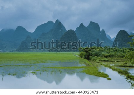 The beautiful karst mountains and rural scenery after raining, Guilin, China