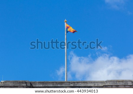 Royal Standard of the United Kingdom waving on the Buckingham in London, UK