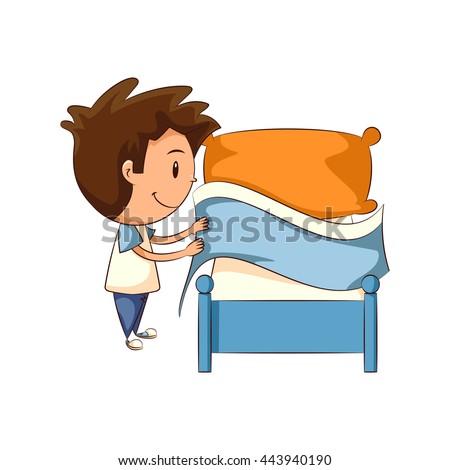 Child making bed, vector illustration Royalty-Free Stock Photo #443940190