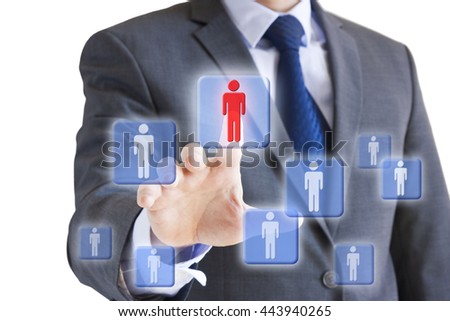 Conceptual image of a businessman choosing the right person or team leader from a number of candidates