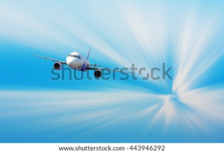 Airplane with background of sunburst sky at sunset or sunrise, exploration conceptual