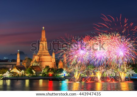 Bangkok newyear countdown fireworks at Wat Arun Temple, Bangkok, Thailand.