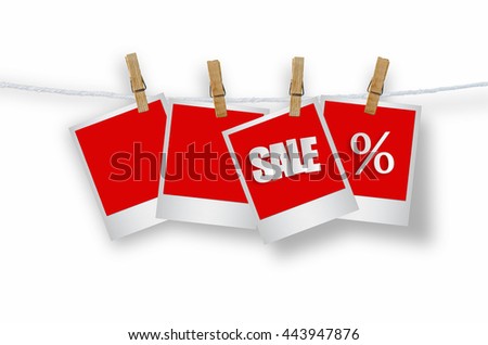 Sale paper label in photo frame paper hanging on white background, discount banner.