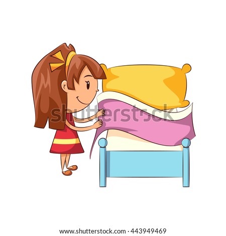 Girl making bed, vector illustration Royalty-Free Stock Photo #443949469