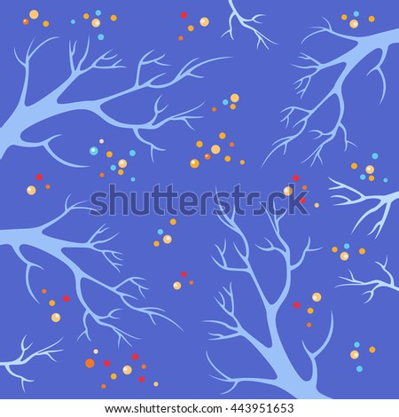 Vector blue background with branches and multicolored spots around. Cute summer card. Cartoon illustration