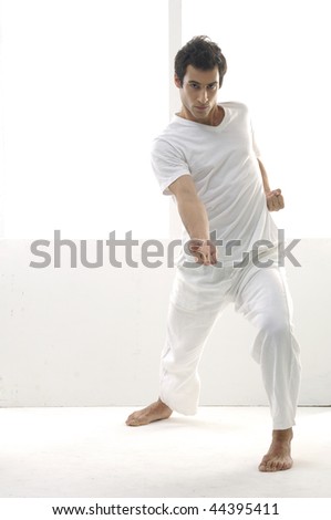 Portrait of a styled professional model does taekwondo