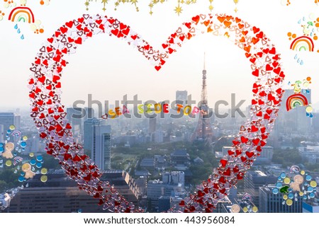 cityscape and skyline of tokyo through glass window with red abstract heart