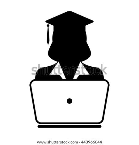 Student online education icon with laptop computer female user person profile avatar symbol with mortar board for school, college and university degree in a flat color glyph pictogram illustration
