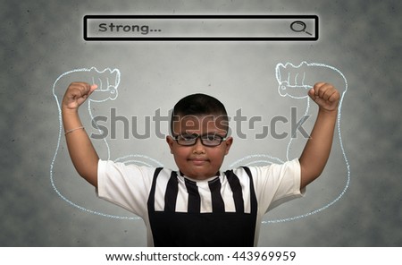 Asian strong boy with browsing of Internet searching bar with "Strong" above the head on the wall background, Health concept
