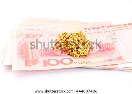 Chinese banknotes and gold necklace white background, concept of balancing the world economy, the gold spdr.
