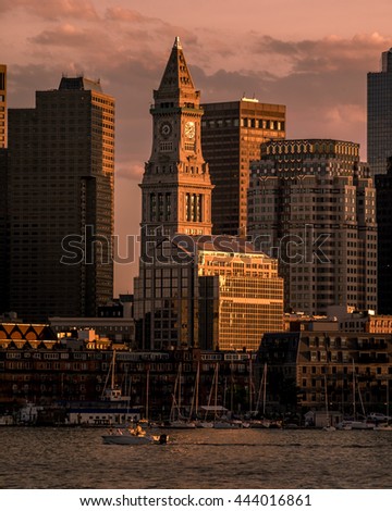Sunset at Customhouse tower from East Boston