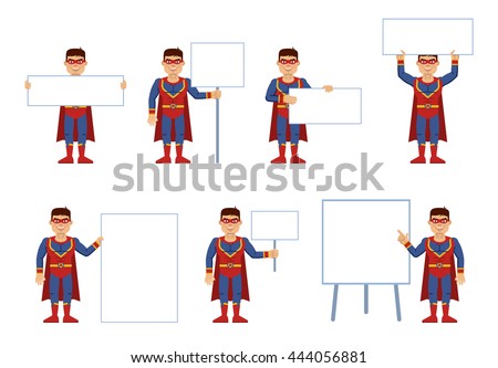 Set of superhero characters posing with different blank banners. Cheerful man holding placard, paper, poster, pointing to whiteboard, teach, promote. Flat style vector illustration