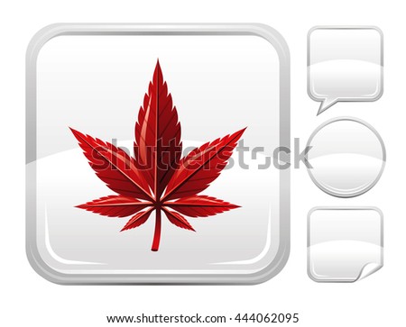 Natural seasonal Japanese maple leaf icon for nature, four seasons or ecological design. Autumn macro leaf symbol on square background and other blank button forms - speaking bubble, circle, sticker