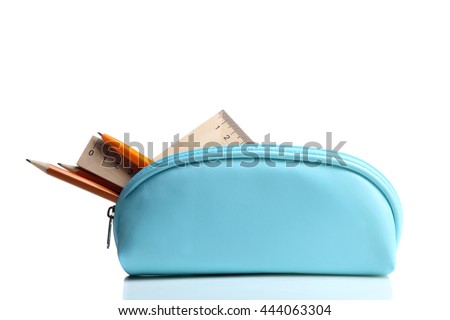 pencil case with rulers and pencils on white isolated background Royalty-Free Stock Photo #444063304