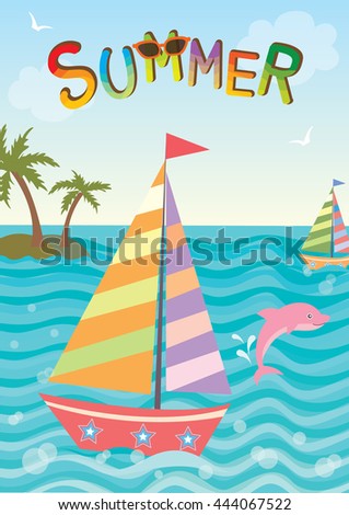 Illustration vector of cute sailboat with pink dolphin in nature ocean background for summer season.