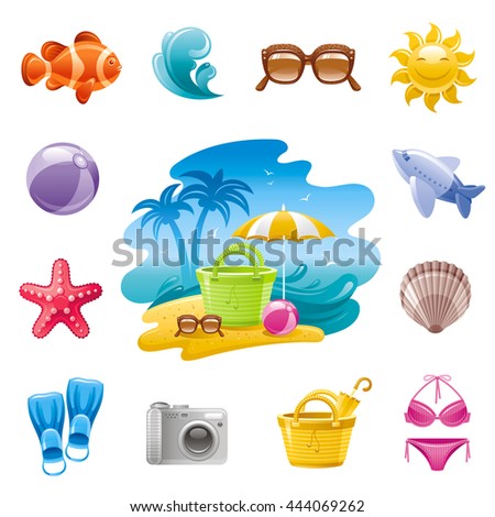 Sea travel icon set in blue color with vacation summer beach symbols on white background. Concept icon set contains bikini swimsuit, sunglasses, smiling sun, diving flippers, airplane, photo camera