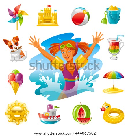 Sea beach travel icon set with vacation summer symbols. White background. Concept icons contain swimming baby girl, puppy, ice cream, rubber ring, beach rainbow parasol, sand castle, toy steamboat