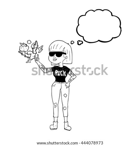 freehand drawn thought bubble cartoon rock woman