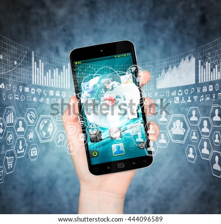 Businesswoman using digital tactile charts screen with his mobile phone '3D rendering'
