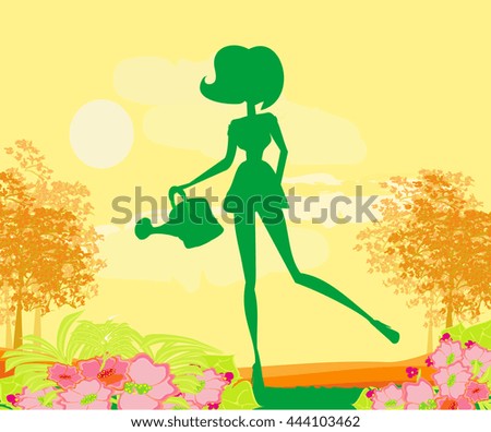 Illustration of a girl watering the flowers 
