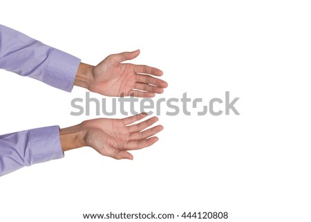 Businessman hands talking while discussion with teamwork, isolated on white background, top view photography.
