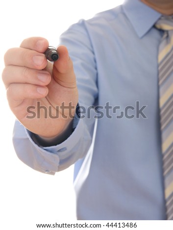  Businessman holding a marker, isolated on a white background with space for text