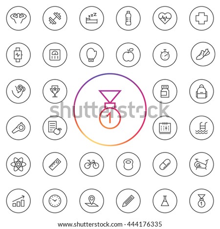 Fitness Icon Set. Contains elements as water bottle, medical sign, supplements, swimming, pool. Tools as stopwatch, weight scale, whistle, bicycle, bag, box gloves, calendar. UI elements and etc..
