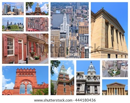 Philadelphia landmarks collage with skylines, Independence Hall, City Hall and Penn State University.