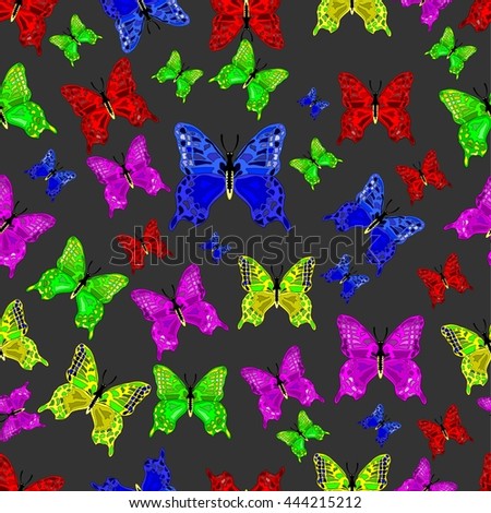 flying multicolored butterflies on a black background