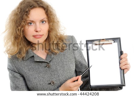 Portrait of the beautiful business woman stretching a pencil, representing something.