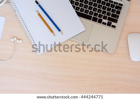 laptop, desk, notebook, desktop, minimal, background, book, view, top, office, white, work, paper, business, computer, note, pencil, workplace, above, copy, space, page, wooden, technology