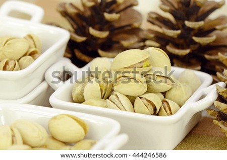 Roasted Pistachio in Closed-up in Small Ceramic Cup.