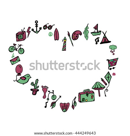frame of doodles in the shape of a heart on a summer theme and leisure. Hand drawing. vector.