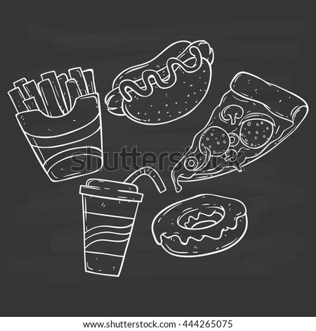 Set of doodle junk food on blackboard background
