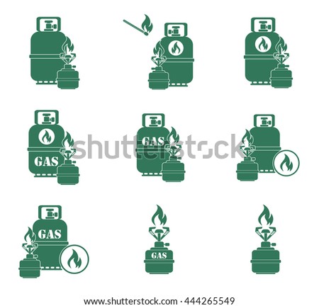 Set of camping stove and gas bottle icons. Vector illustration.

