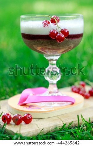 milkshake on a beautiful stand with fruit. a refreshing cocktail on the green grass. Cocktail layers. red currants, red currants, ice cream, milk, strawberry, raspberry and red currant branches