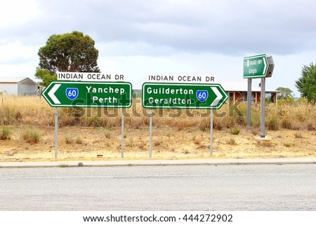 Indian Ocean Drive, direction road signs to Perth, Geraldton, Yanchep and Guilderton at crossroads, Western Australia